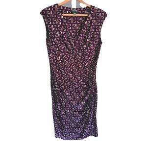 Lauren Ralph Lauren Sheath Dress Womens 12 Purple Geometric Ruched V-Neck